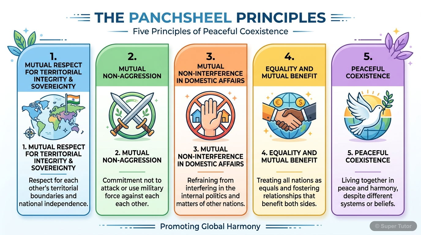 A diagram outlining the five principles of Panchsheel, signed between India and China, with simple icons representing each principle.