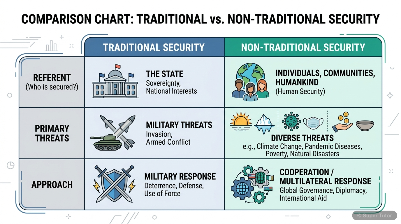 A comparison chart highlighting the key differences between traditional and non-traditional notions of security, including referent, types of threats, and approaches.