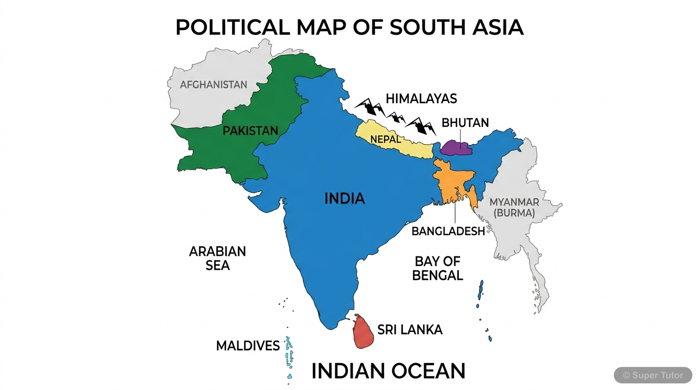 Map of South Asian Countries A political map highlighting the seven core countries of South Asia: Bangladesh, Bhutan, India, Maldives, Nepal, Pakistan, and Sri Lanka. It should also indicate the surrounding geographical features