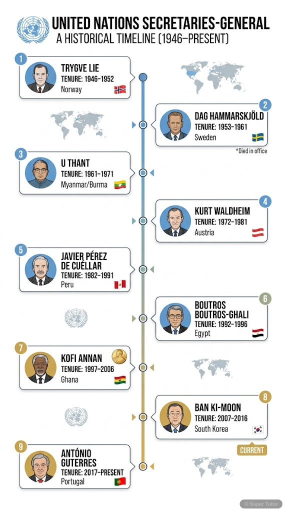 A timeline showcasing the sequence of UN Secretaries-General, their names, tenure, and country of origin, highlighting key achievements or challenges during their terms.
