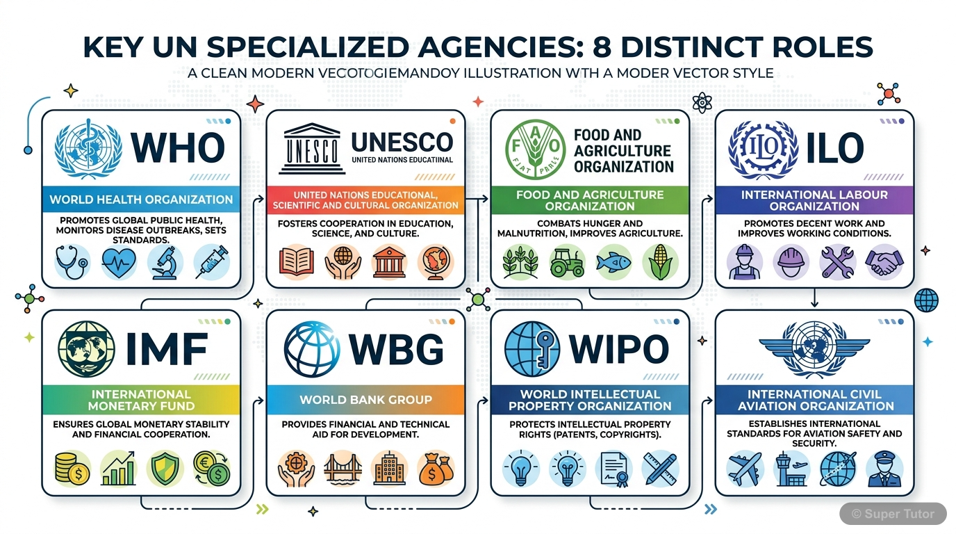Key UN Specialized Agencies An infographic showcasing several important specialized agencies of the UN, such as WHO, UNDP, UNICEF, UNESCO, with their respective logos and a brief description of their functions.