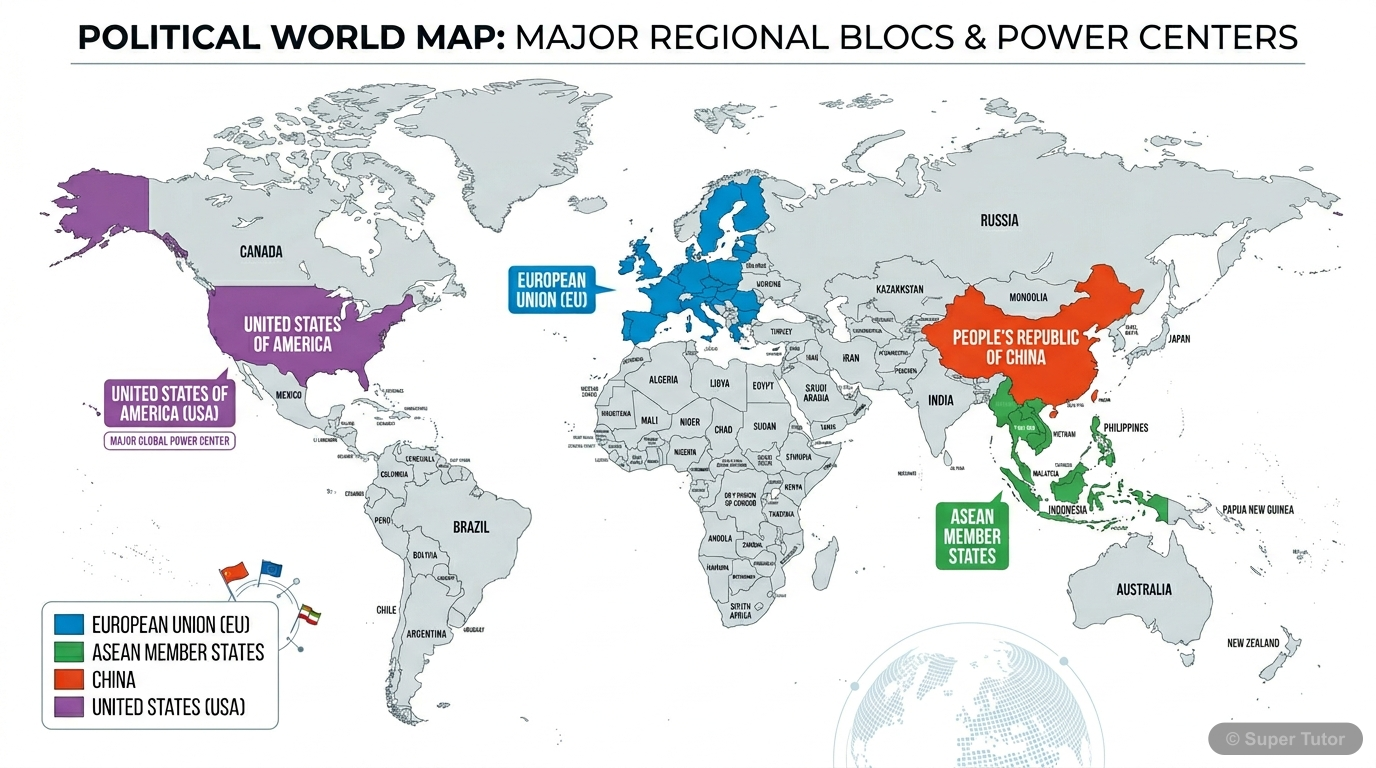 A world map highlighting the key contemporary centers of power: European Union, ASEAN, and China, showing their geographical locations and relative sizes.