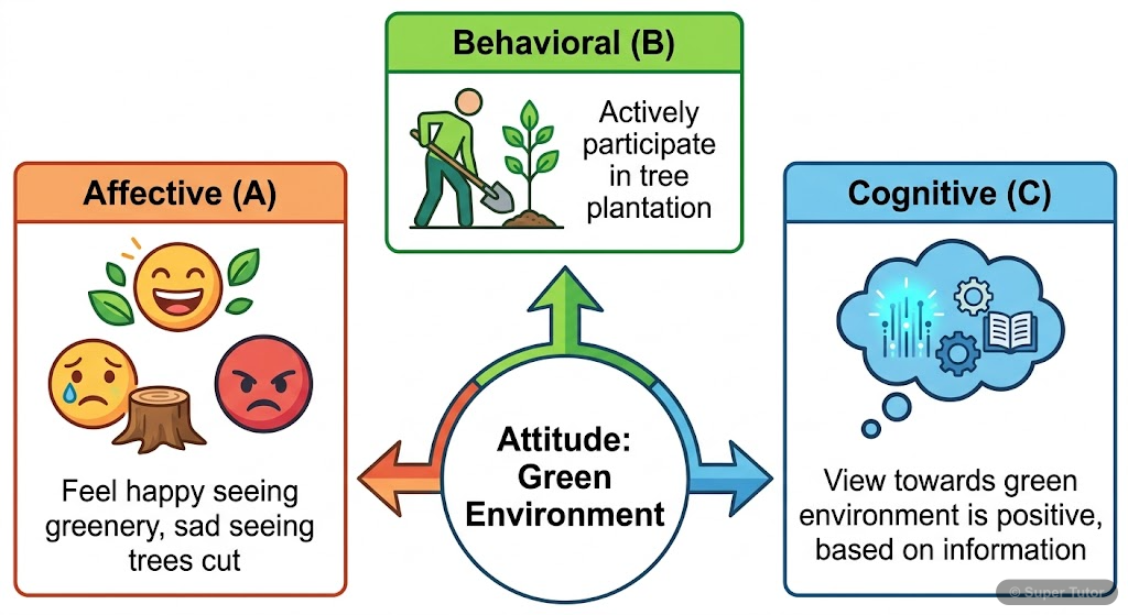 A diagram illustrating the three components of an attitude: Affective (feelings/emotions), Behavioral (tendency to act), and Cognitive (thoughts/beliefs), with an example of a 'Green Environment' atti