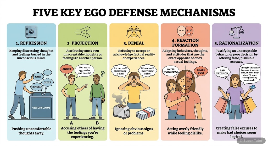 An infographic explaining key ego defense mechanisms: Repression, Projection, Denial, Reaction Formation, and Rationalization, with simple examples.