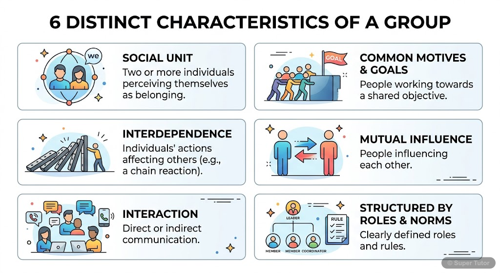 An infographic illustrating the key characteristics that define a group, such as two or more individuals, perceived belonging, common motives/goals, interdependence, interaction, and structured roles/