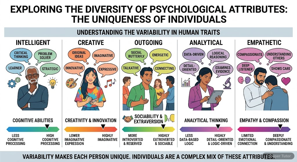 An infographic illustrating various psychological dimensions along which individuals differ, such as intelligence, personality traits (dominant/submissive, outgoing/withdrawn), and creativity. It shou