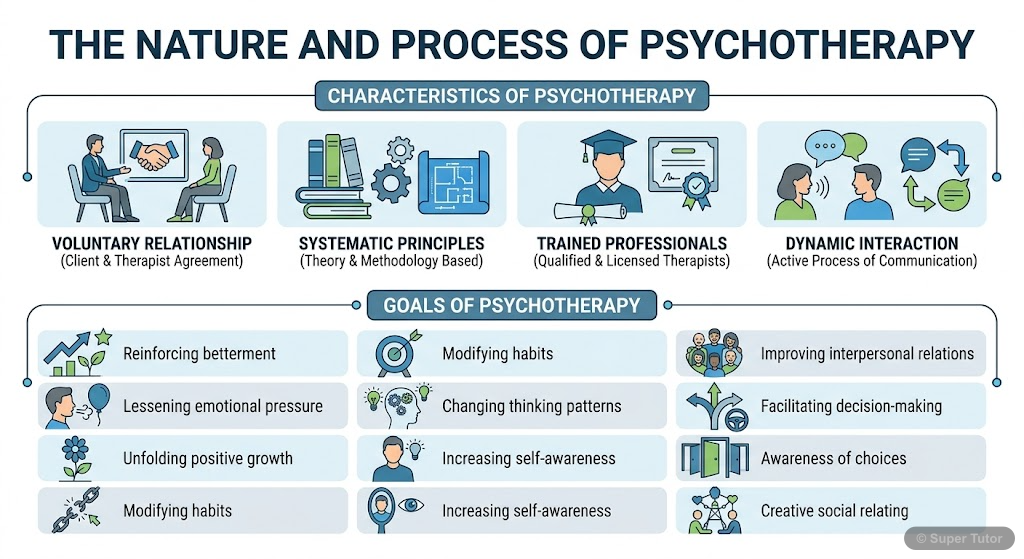 An infographic illustrating the key characteristics and goals of psychotherapy, including the voluntary relationship, systematic application of principles, trained professionals, client-therapist inte