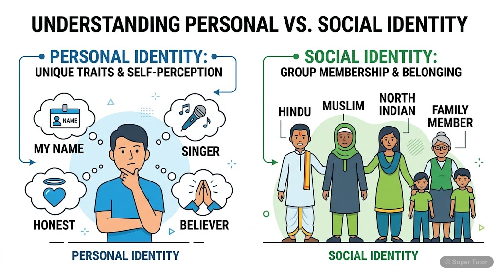 A comparison illustrating the attributes that define personal identity (e.g., name, qualities, beliefs) versus social identity (e.g., group affiliation, cultural background).