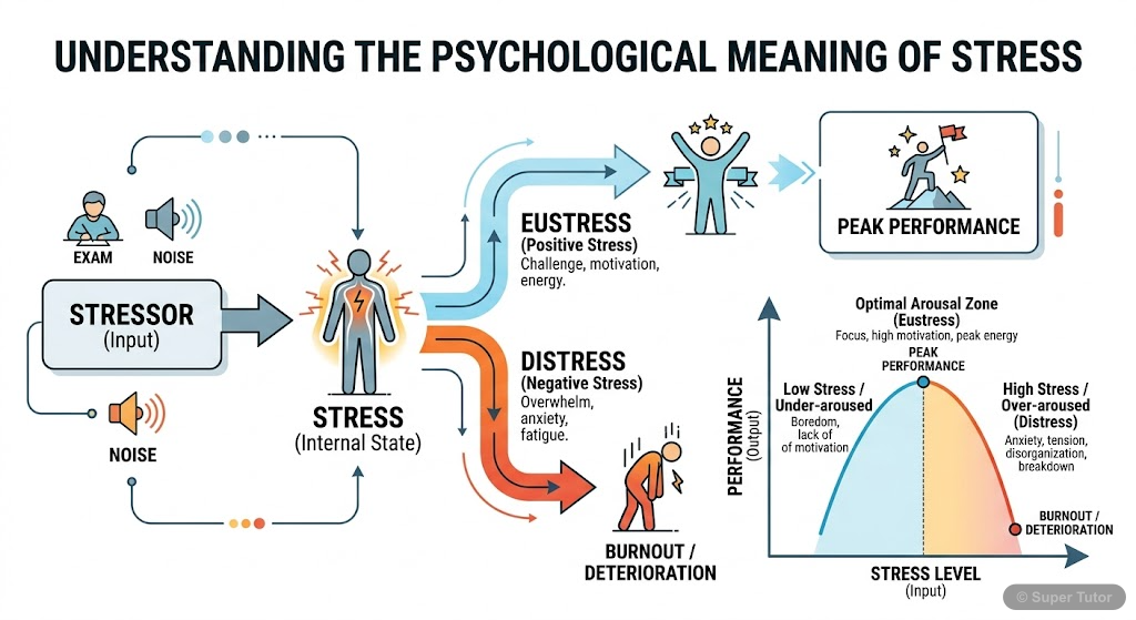 An infographic illustrating the psychological meaning of stress, showing stressors leading to stress, which then leads to strain. It should differentiate between Eustress (positive stress) and Distres
