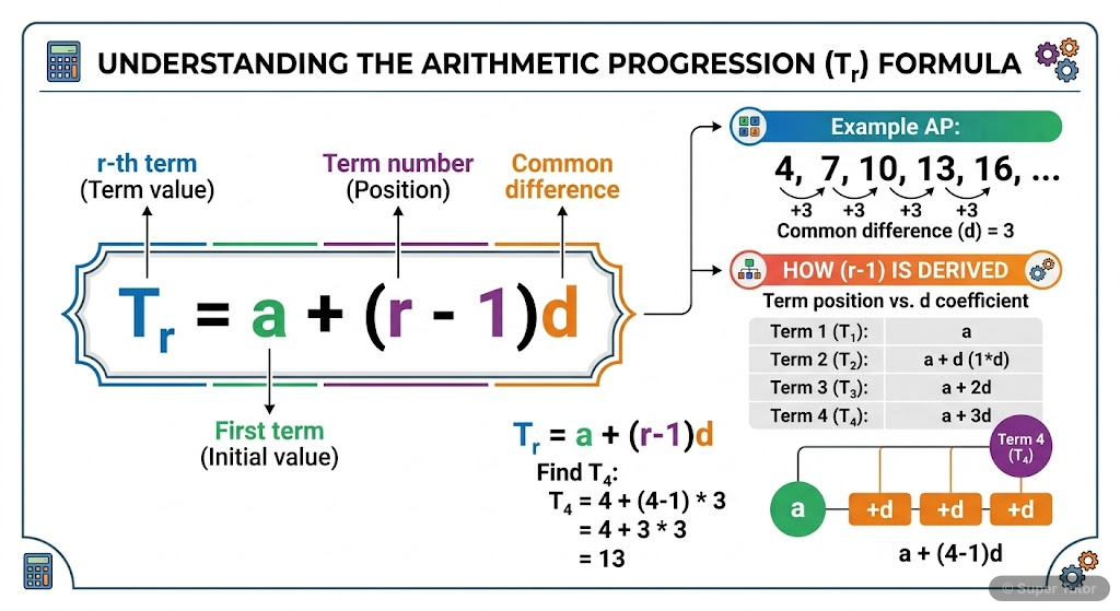 A visual representation of the formula for the nth term of an arithmetic progression, Tr = a + (r-1)d, with labeled components.
