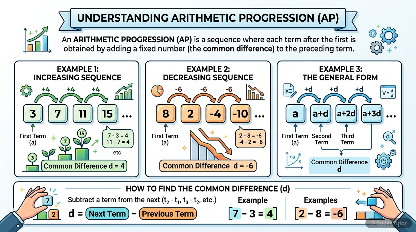 An infographic defining arithmetic progression, showing how terms increase or decrease by a common difference, with examples of numerical and algebraic APs.