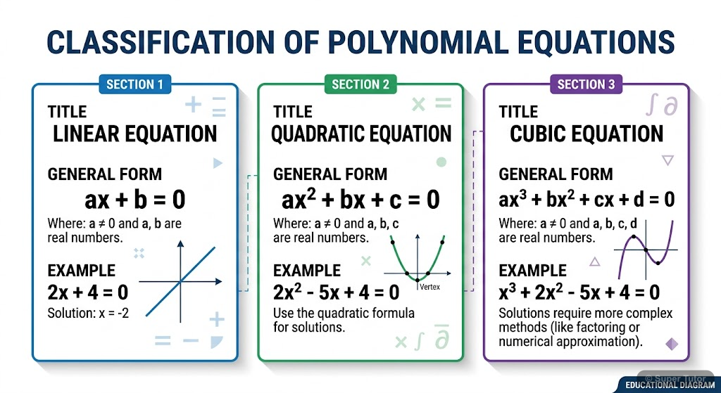 An infographic illustrating the classification of equations based on the highest power of the variable (linear, quadratic, cubic, etc.), showing a general form and an example for each.