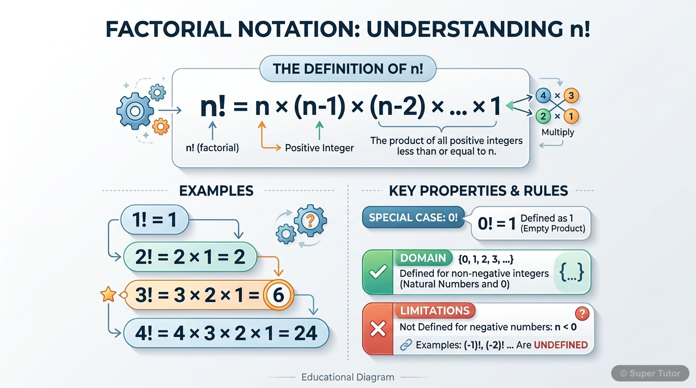 An infographic explaining factorial notation (n!), its definition as a product of consecutive integers, and key properties like 0! = 1 and its domain (natural numbers and zero).