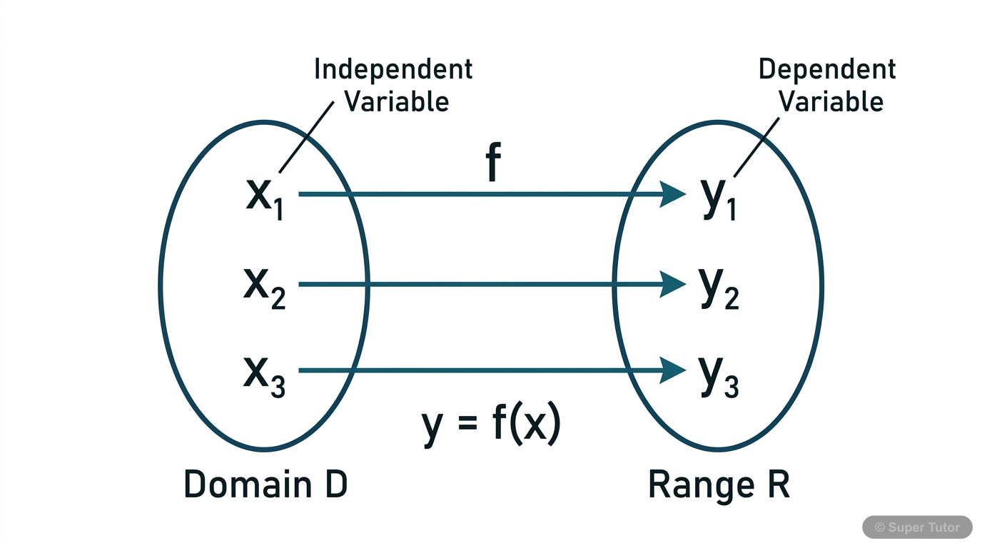 An illustration defining a function as a rule mapping an independent variable (x) from a domain (D) to a dependent variable (y) in a range (R), using a simple example like y=f(x).