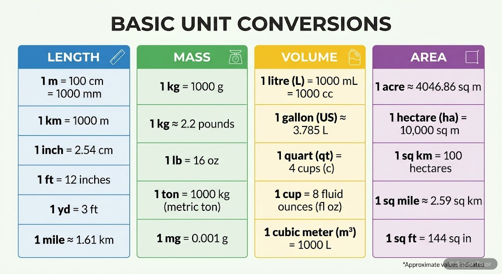 A chart summarizing common unit conversions for length, mass, volume, and area relevant to geometry and mensuration problems.