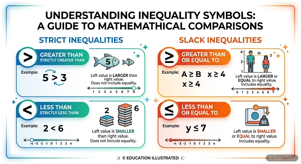 An infographic illustrating the different inequality symbols (>, <, ≥, ≤) and classifying them into 'strict' and 'slack' inequalities, along with examples of each.