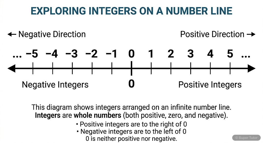 Integers on a Number Line A number line illustrating the set of integers, including positive integers, negative integers, and zero.