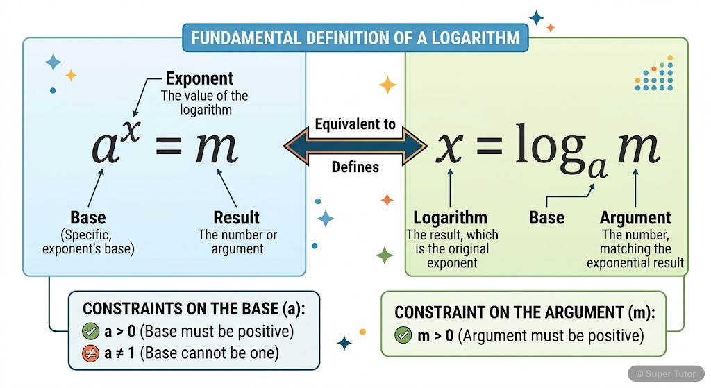 An illustration showing the relationship between logarithmic form (log_a m = x) and exponential form (a^x = m), highlighting the constraints on 'a' and 'm'.