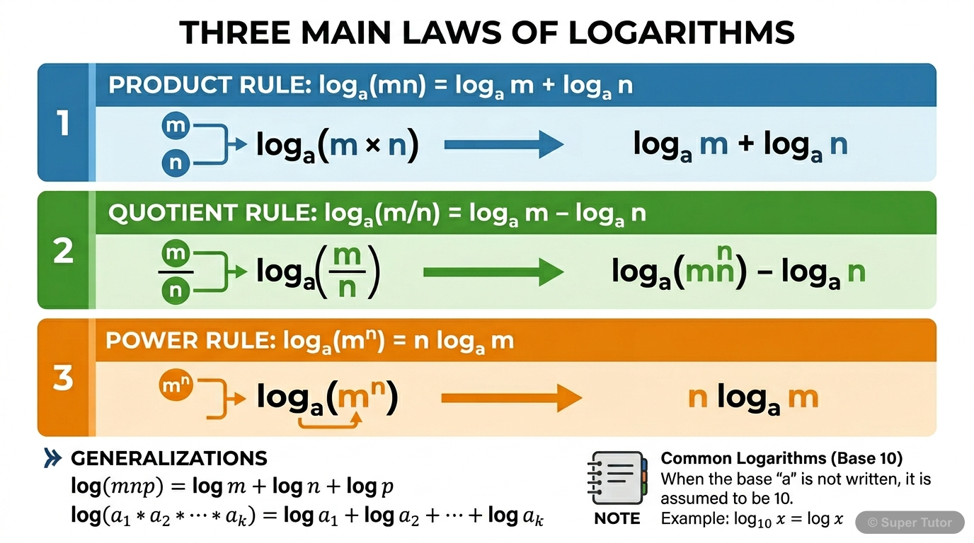 An infographic summarizing the three main laws of logarithms: product rule, quotient rule, and power rule, with examples.