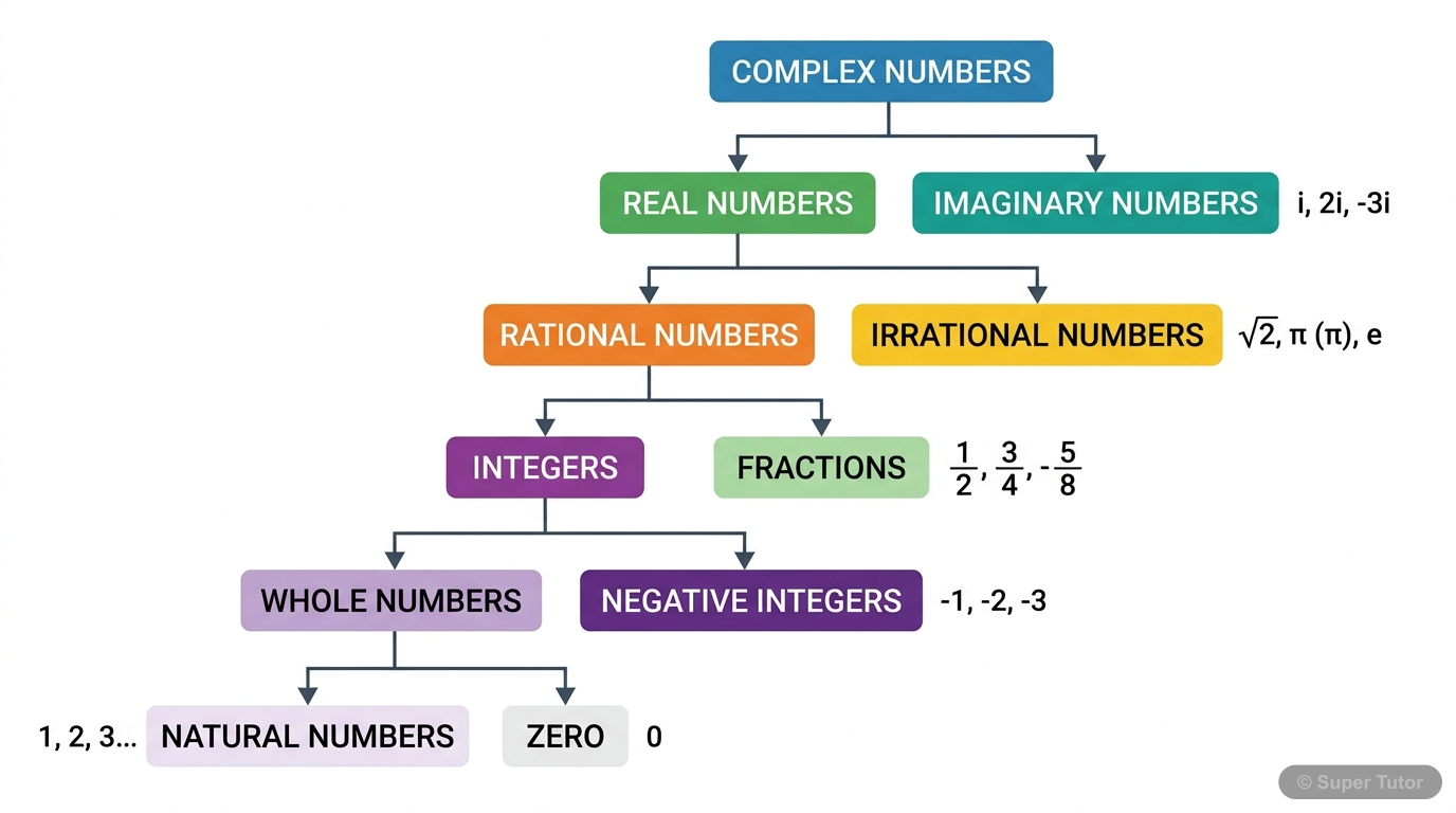 A hierarchical chart showing the classification of numbers starting from Complex Numbers, branching into Real and Imaginary, then Real numbers branching into Rational and Irrational, and Rational numb