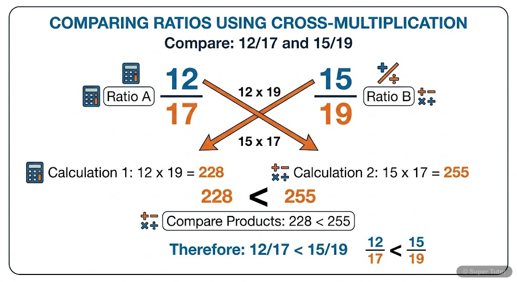 A diagram illustrating the cross-multiplication method for comparing two ratios, showing the products and how they determine which ratio is larger.