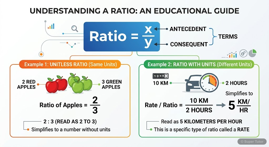 An illustration defining a ratio as a fraction x/y, labeling x as antecedent, y as consequent, and both as terms. It also visually distinguishes between homogeneous (unitless) and heterogeneous (with 