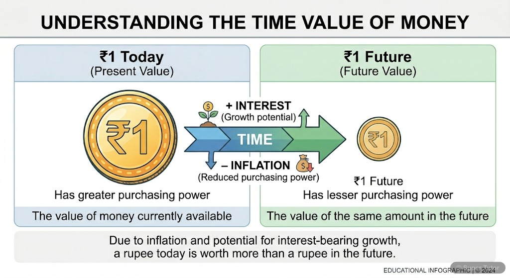 An illustration explaining the concept that money today is worth more than the same amount of money in the future, due to its potential earning capacity. Show a rupee today versus a rupee in the futur
