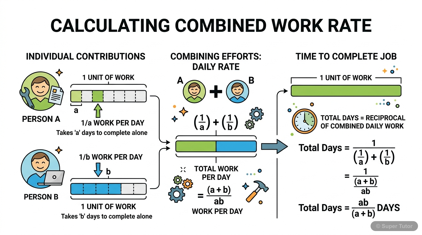 A diagram illustrating the fractional approach to time and work problems. It shows how individual work rates (1/a, 1/b) are combined to find the total work rate (1/a + 1/b) and then inverted to find t