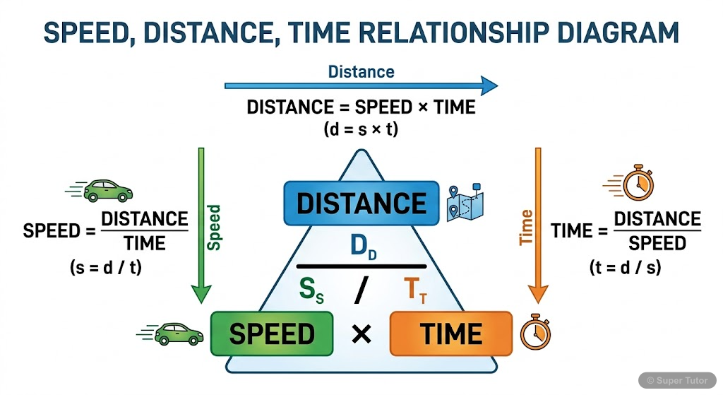 A diagram illustrating the fundamental relationship between Time, Speed, and Distance using a triangle or a circular flow, showing how each variable can be derived from the other two.