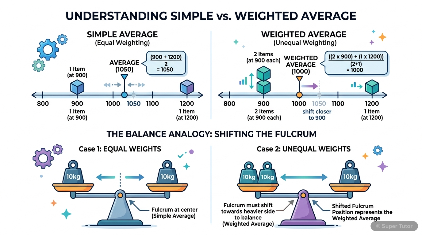 A visual explanation of weighted average, showing how the average shifts towards the group with more 'weight' (higher count or quantity), using a number line and a balance analogy.