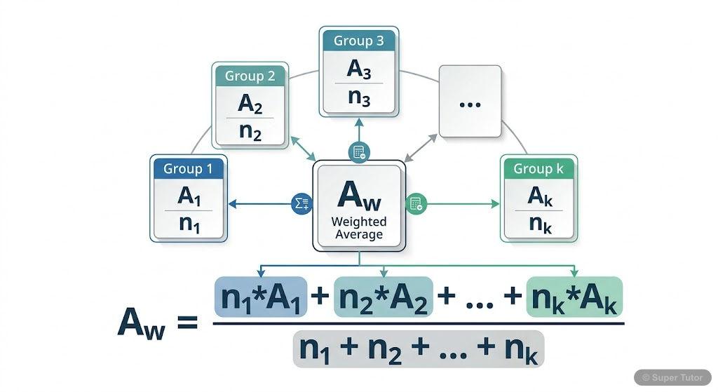 An infographic explaining the weighted average formula for k groups, showing how individual group averages (A1, A2, ..., Ak) and their respective element counts (n1, n2, ..., nk) combine to form the o