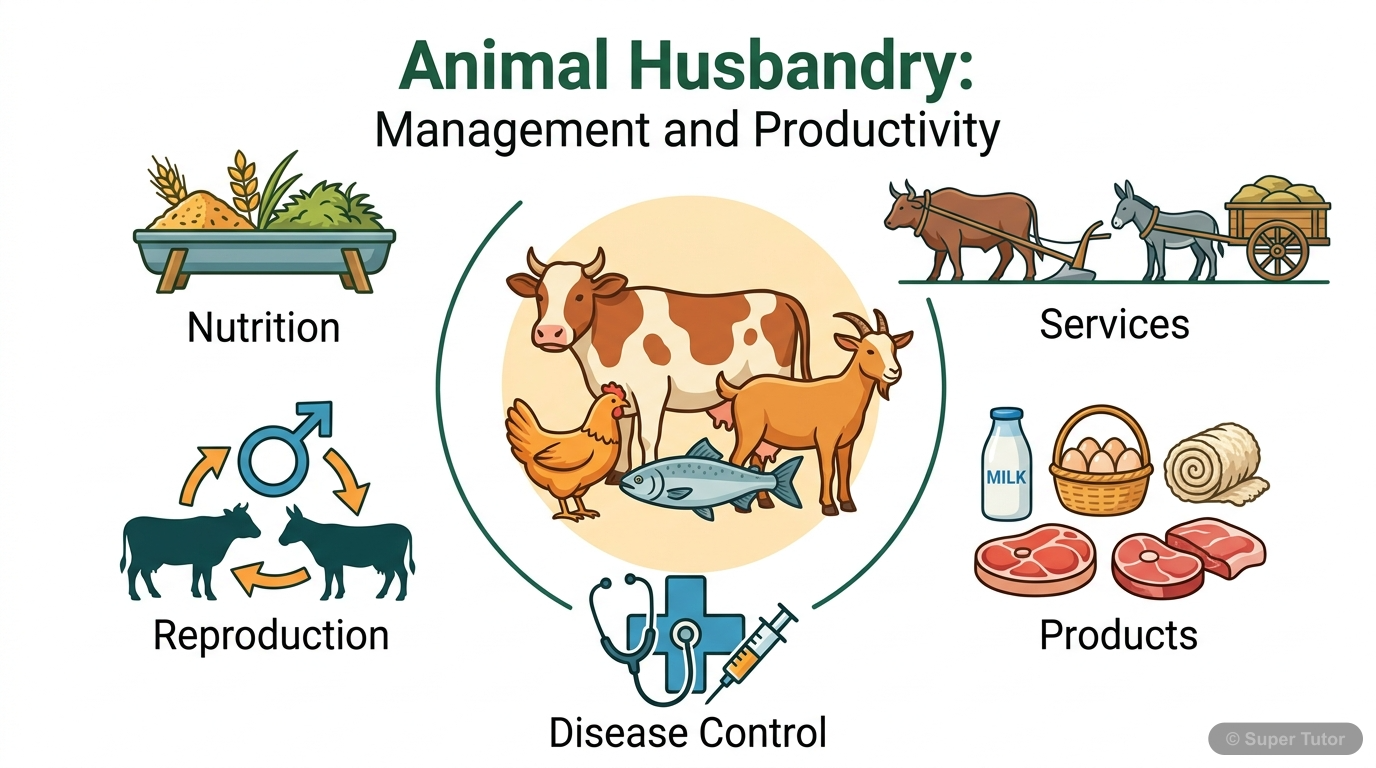 Animal Husbandry: Management and Productivity An infographic providing an overview of animal husbandry, defining it as the management of animals for food and services, and listing key areas like nutrition, reproduction, and disease control.
