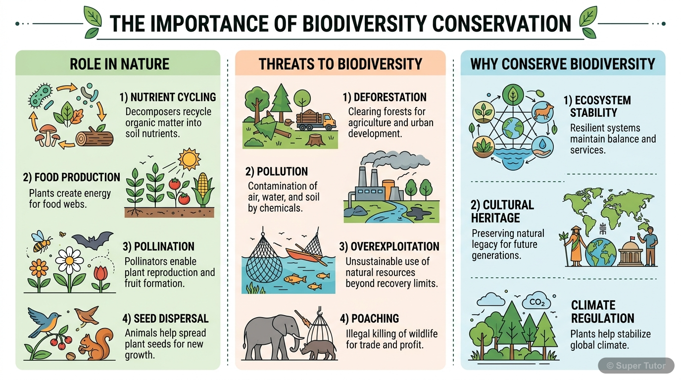 An infographic explaining why biodiversity needs to be conserved, highlighting roles in ecosystem stability, food chains, pollination, seed dispersal, and the impact of human activities.
