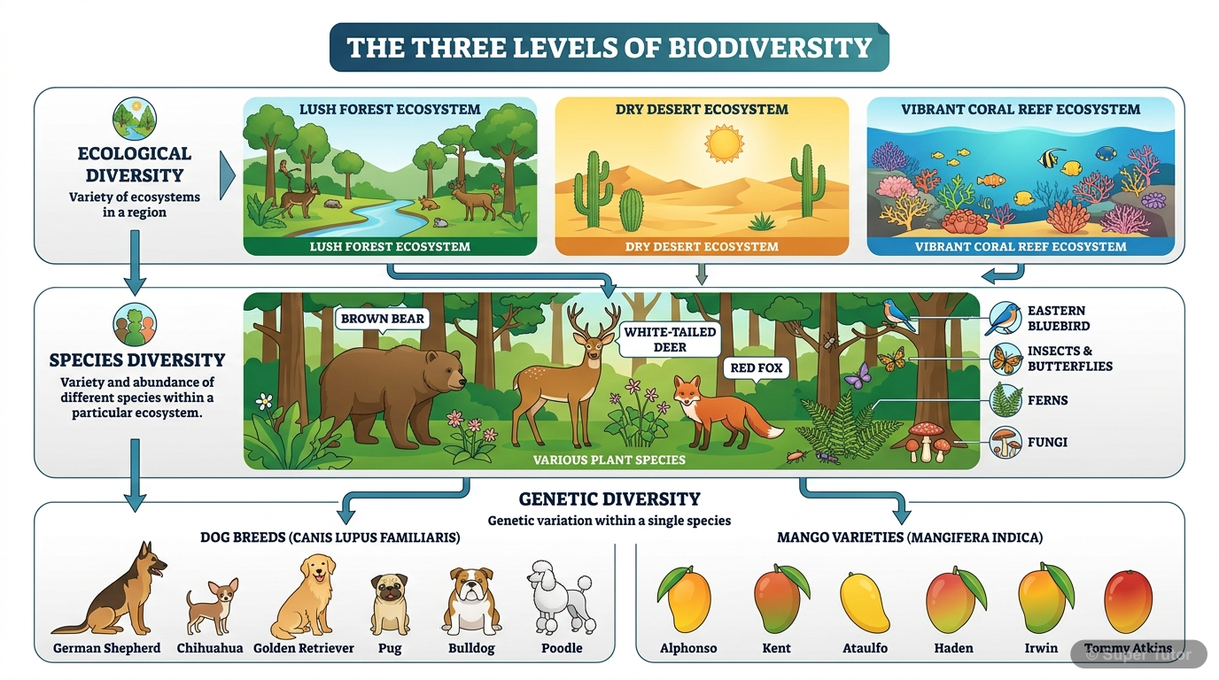 Levels of Biodiversity An illustration showing the three levels of biodiversity: Ecological/Ecosystem diversity (e.g., forest, desert, aquatic), Species diversity (e.g., different species within a forest), and Genetic diver