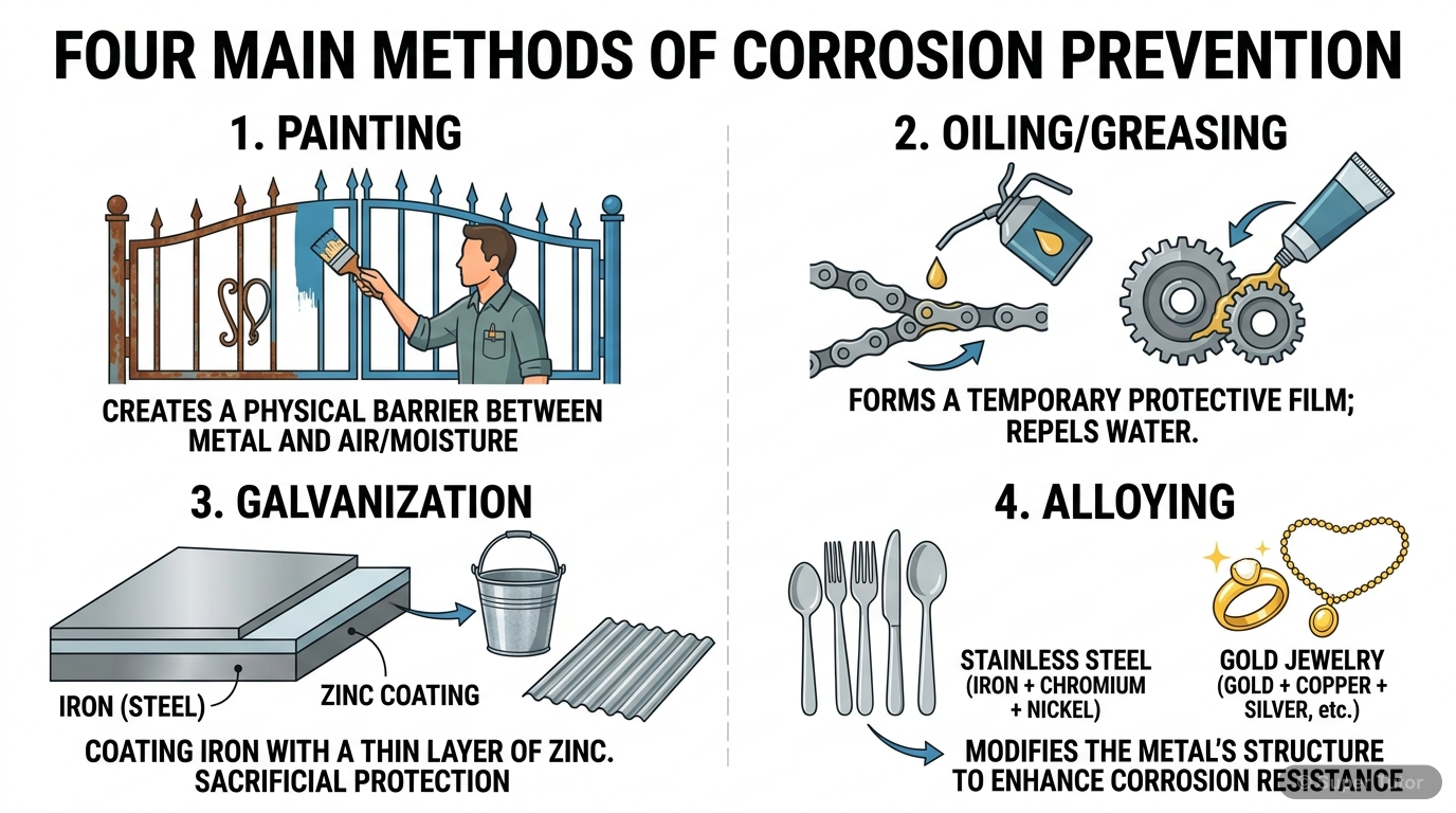 An infographic illustrating various practical methods to prevent corrosion, especially rusting of iron, including painting, oiling/greasing, galvanization, and alloying, with examples.