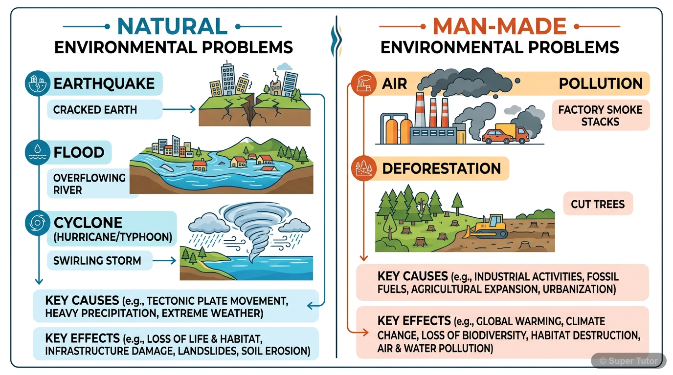 An infographic comparing and contrasting natural environmental problems (like earthquakes, floods, cyclones) and man-made environmental problems (like pollution, deforestation), highlighting their cau