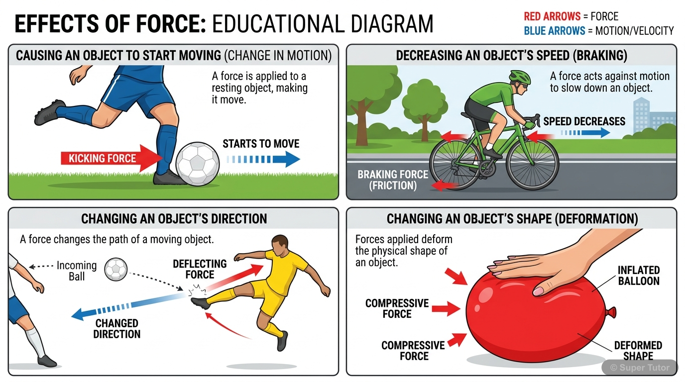 An illustration showing various effects of applying force on an object: making it move from rest, changing its speed, changing its direction, and changing its shape.