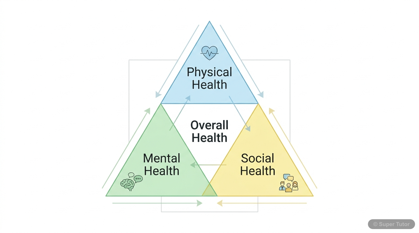Health Triangle: Physical, Mental, Social Well-being A diagram illustrating the three interconnected dimensions of health: physical, mental, and social, forming a triangle to show their interdependence.