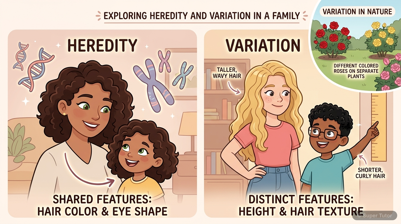 An illustration defining heredity as the passing of traits from parents to offspring and variation as the differences among individuals of the same species, using examples like family resemblance and 