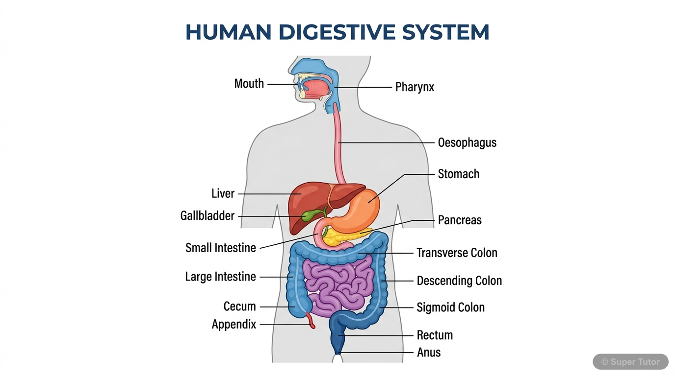 Human Digestive System A detailed labeled diagram of the human alimentary canal and associated glandular organs (salivary glands, liver, pancreas).