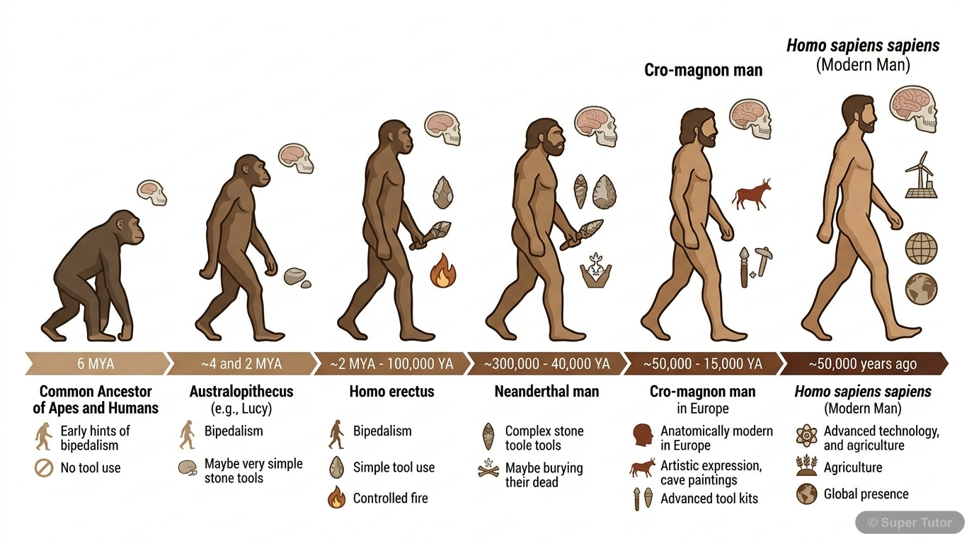 Stages of Human Evolution A timeline illustrating the major stages of human evolution, from common ancestors with apes to modern Homo sapiens sapiens, highlighting key characteristics like bipedalism and brain size.