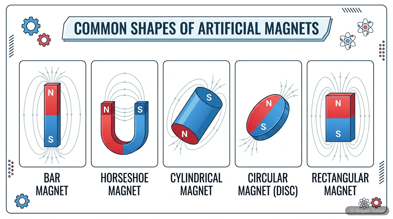 Types and Shapes of Magnets An illustration showing various common shapes of artificial magnets like bar magnet, horseshoe magnet, cylindrical magnet, circular magnet, and rectangular magnet.