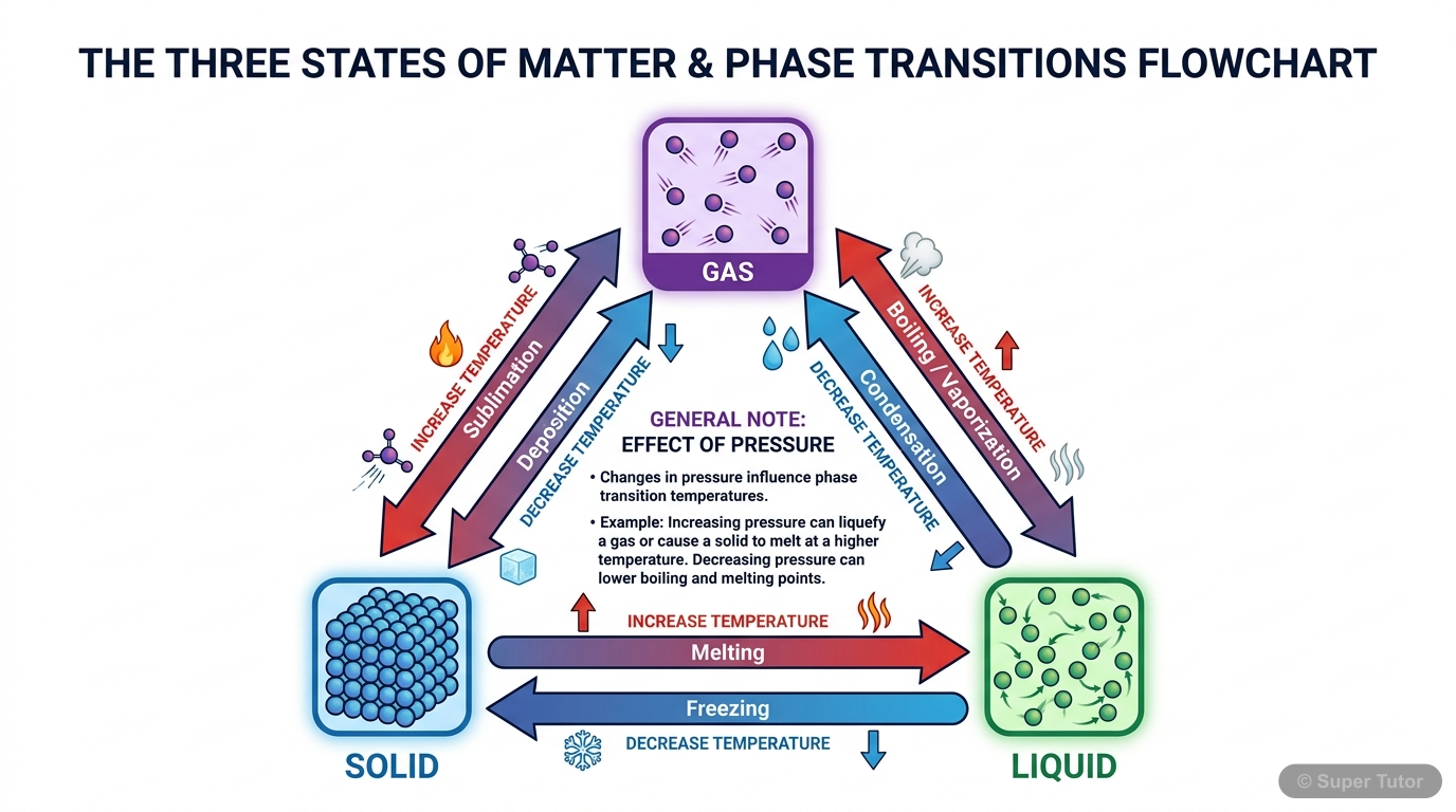 Interconversion of States of Matter A cyclical diagram illustrating the interconversion between solid, liquid, and gas states, showing the processes of melting, boiling/vaporization, condensation, freezing, sublimation, and deposition,