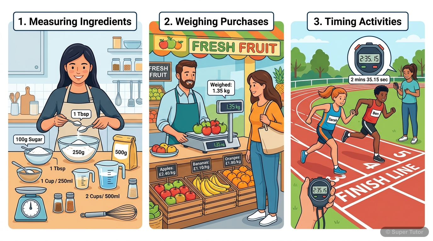 An illustration showing various everyday scenarios where measurement is essential, such as cooking with measured ingredients, buying fruits by weight, and timing a race.