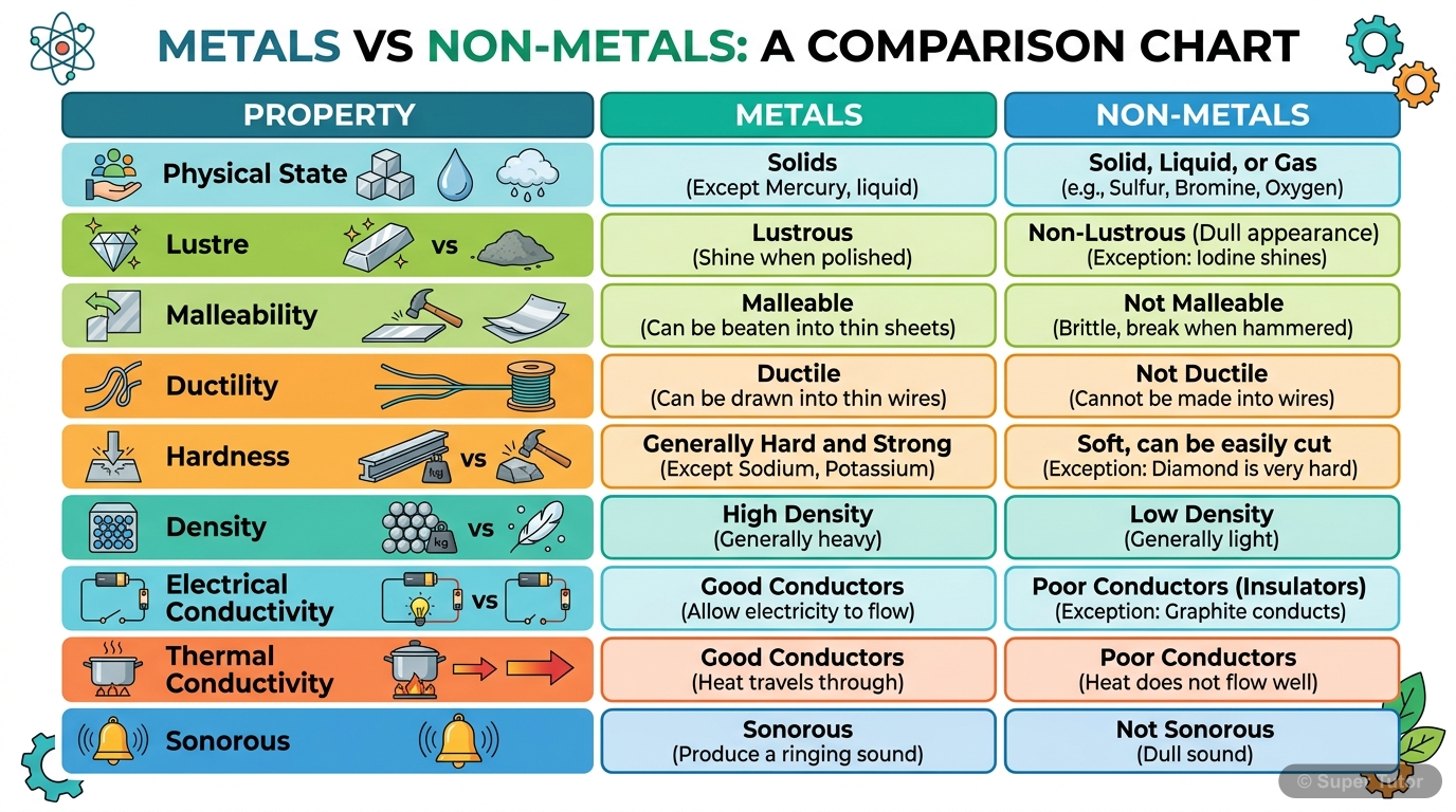 A comparative chart illustrating the key physical properties that differentiate metals and non-metals, such as malleability, ductility, luster, hardness, physical state, sonorous nature, density, and 