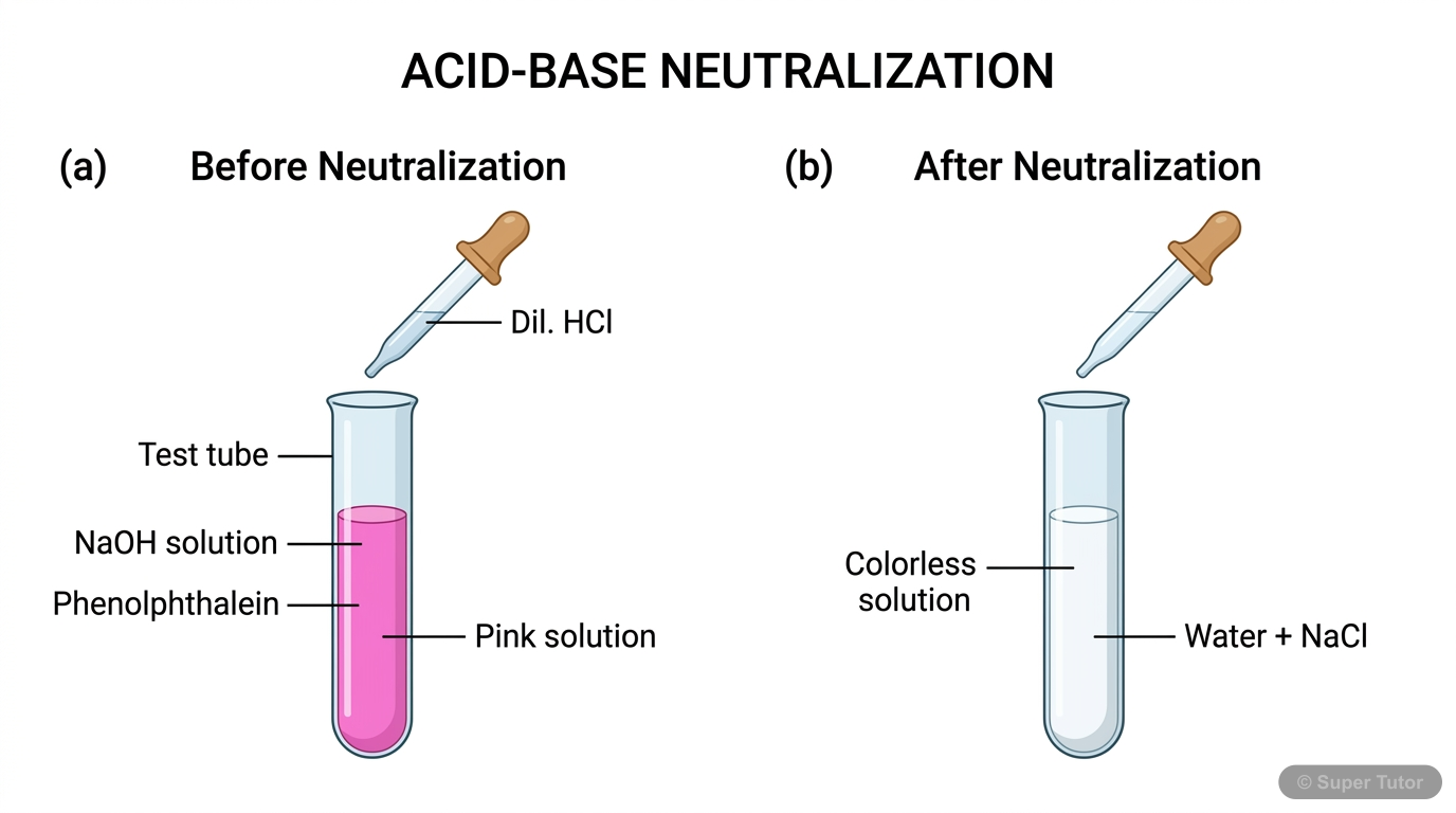 Neutralization Reaction with Phenolphthalein Indicator A two-panel illustration showing the titration of sodium hydroxide with hydrochloric acid using phenolphthalein, demonstrating the color change from pink (basic) to colorless (neutral).