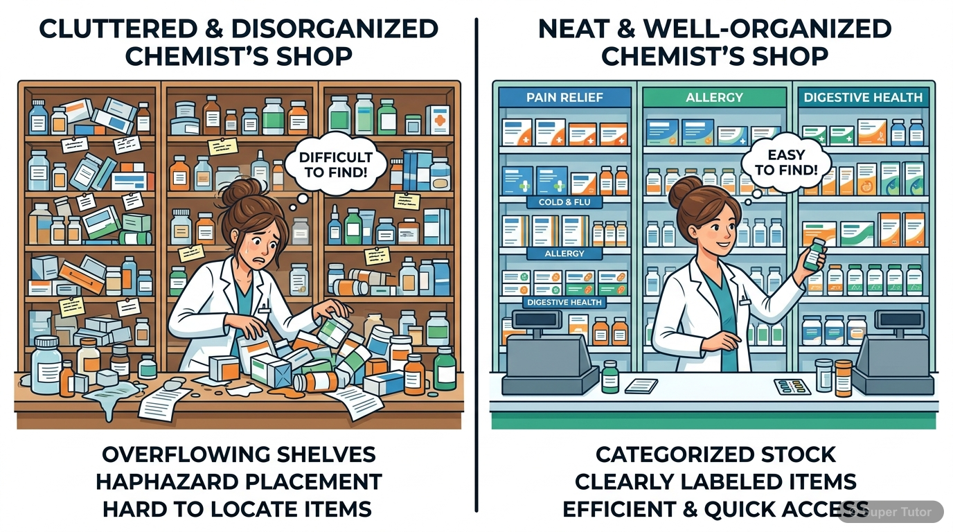 An illustration showing a well-organized chemist's shop with medicines classified and arranged, contrasting it with a disorganized one, to explain the need for classifying elements.