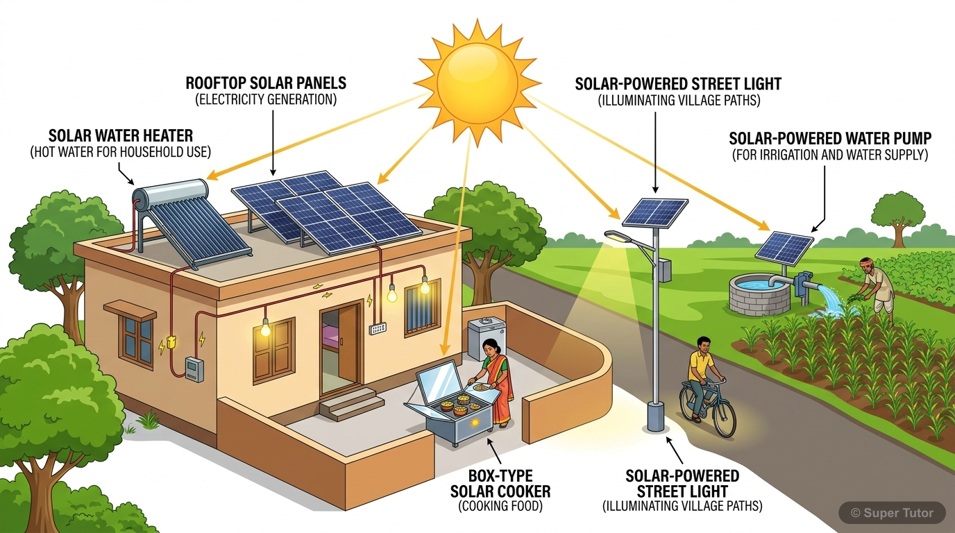 Applications of Solar Energy An illustration showcasing various practical applications of solar energy in daily life and for electricity generation, including solar water heaters, solar cookers, solar panels for electricity, and
