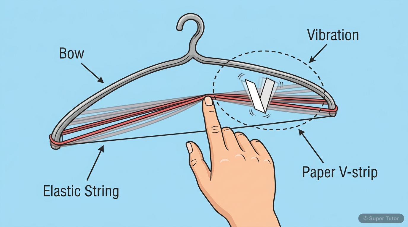 An illustration of an experiment demonstrating that sound is produced by vibrations, using a bent metallic hanger (bow) and a stretched elastic string. Shows the string vibrating when plucked and a sm