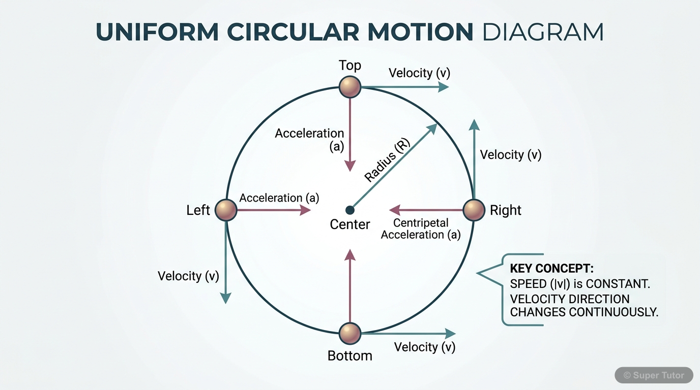 Uniform Circular Motion: Velocity and Acceleration A diagram illustrating uniform circular motion, showing constant speed but continuously changing direction of velocity, leading to acceleration.